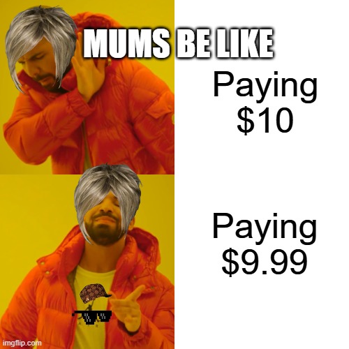 Mums | MUMS BE LIKE; Paying $10; Paying $9.99 | image tagged in memes,drake hotline bling | made w/ Imgflip meme maker