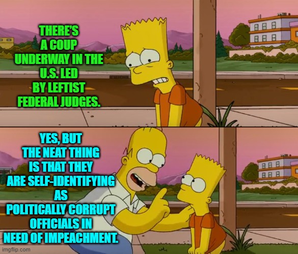 There's always a silver lining. | THERE’S A COUP UNDERWAY IN THE U.S. LED BY LEFTIST FEDERAL JUDGES. YES, BUT THE NEAT THING IS THAT THEY ARE SELF-IDENTIFYING AS POLITICALLY CORRUPT OFFICIALS IN NEED OF IMPEACHMENT. | image tagged in simpsons so far | made w/ Imgflip meme maker