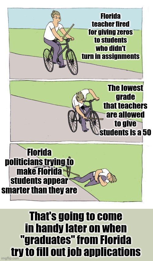 I Wouldn't Hire Anyone From Florida.  It's Too Risky Now That Maga Is Handing Out "Trophy Diplomas" To Unqualified Students | Florida teacher fired for giving zeros to students who didn't turn in assignments; The lowest grade that teachers are allowed to give students is a 50; Florida politicians trying to make Florida students appear smarter than they are; That's going to come in handy later on when "graduates" from Florida try to fill out job applications | image tagged in memes,bike fall,maga,dumming down maga americans,maga's lower standards,conservative hypocrisy | made w/ Imgflip meme maker