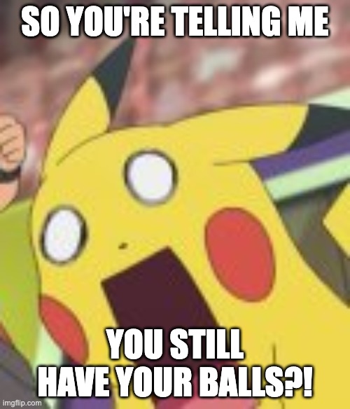 Pikachu Shocked | SO YOU'RE TELLING ME; YOU STILL HAVE YOUR BALLS?! | image tagged in pikachu shocked | made w/ Imgflip meme maker