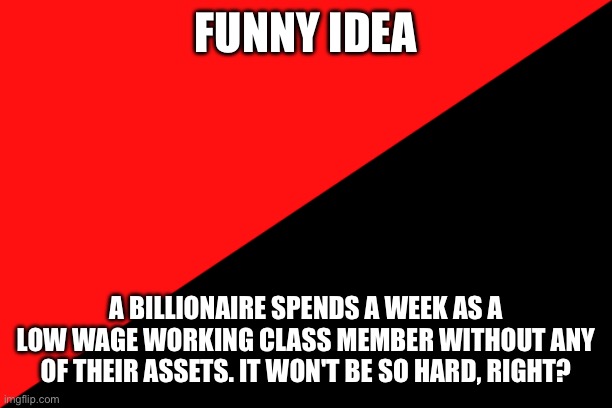 Ancom flag | FUNNY IDEA; A BILLIONAIRE SPENDS A WEEK AS A LOW WAGE WORKING CLASS MEMBER WITHOUT ANY OF THEIR ASSETS. IT WON'T BE SO HARD, RIGHT? | image tagged in ancom flag | made w/ Imgflip meme maker