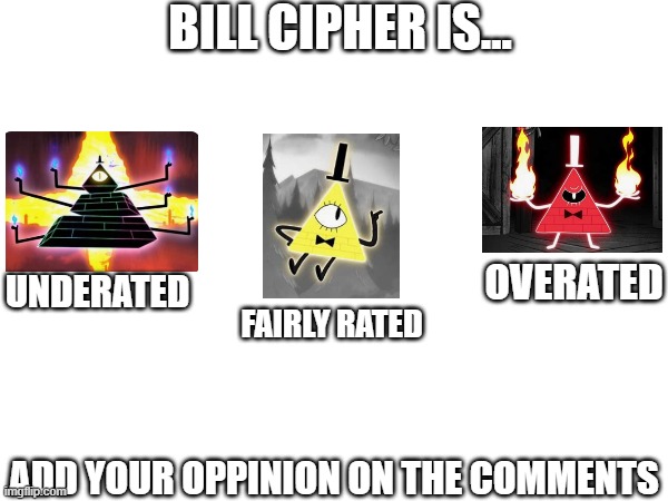 bill cipher, ¿rated or underated? | BILL CIPHER IS... OVERATED; UNDERATED; FAIRLY RATED; ADD YOUR OPPINION ON THE COMMENTS | image tagged in bill cipher,ratings | made w/ Imgflip meme maker