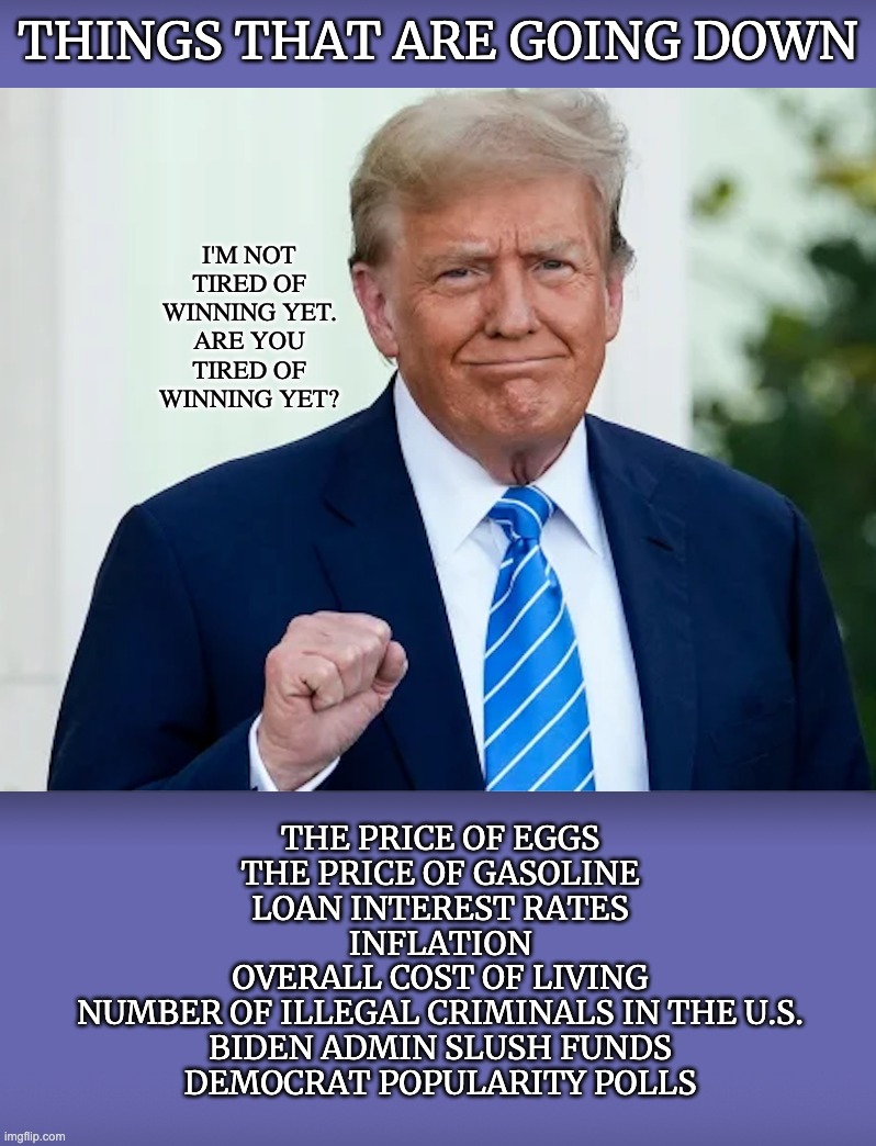 Cleanup on Aisle 46 | THINGS THAT ARE GOING DOWN; I'M NOT TIRED OF WINNING YET.
ARE YOU TIRED OF WINNING YET? THE PRICE OF EGGS
THE PRICE OF GASOLINE
LOAN INTEREST RATES
INFLATION
OVERALL COST OF LIVING
NUMBER OF ILLEGAL CRIMINALS IN THE U.S.
BIDEN ADMIN SLUSH FUNDS
DEMOCRAT POPULARITY POLLS | image tagged in victory trump | made w/ Imgflip meme maker