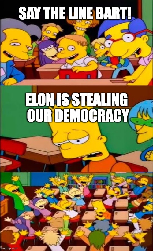 Elon Bad | SAY THE LINE BART! ELON IS STEALING 
OUR DEMOCRACY | image tagged in say the line bart simpsons | made w/ Imgflip meme maker