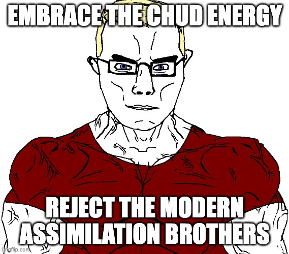 Chud | EMBRACE THE CHUD ENERGY; REJECT THE MODERN ASSIMILATION BROTHERS | image tagged in chud | made w/ Imgflip meme maker