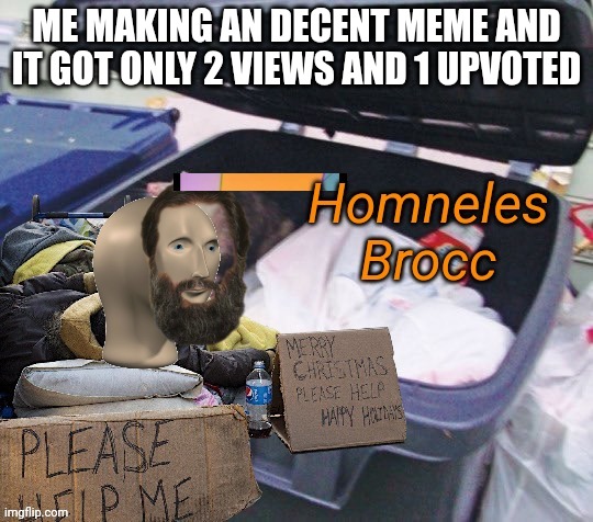 Homneles | ME MAKING AN DECENT MEME AND IT GOT ONLY 2 VIEWS AND 1 UPVOTED | image tagged in homneles | made w/ Imgflip meme maker