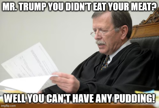 judge | MR. TRUMP YOU DIDN'T EAT YOUR MEAT? WELL YOU CAN'T HAVE ANY PUDDING! | image tagged in judge | made w/ Imgflip meme maker