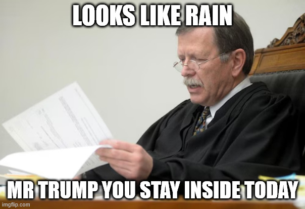 judge | LOOKS LIKE RAIN; MR TRUMP YOU STAY INSIDE TODAY | image tagged in judge | made w/ Imgflip meme maker