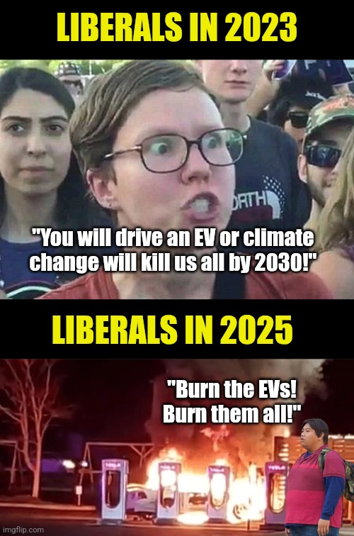 Well this particular meltdown didn't take long at all. EVs are now the most hated vehicles by liberals? | LIBERALS IN 2023; "You will drive an EV or climate change will kill us all by 2030!"; LIBERALS IN 2025; "Burn the EVs! Burn them all!" | image tagged in triggered liberal,tesla fire,liberal hypocrisy,liberal logic,democratic socialism,stupid people | made w/ Imgflip meme maker