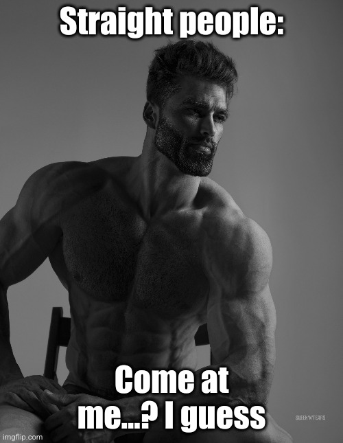 Giga Chad | Straight people: Come at me...? I guess | image tagged in giga chad | made w/ Imgflip meme maker