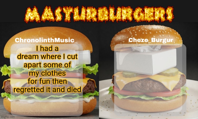 Masturburgers | I had a dream where I cut apart some of my clothes for fun then regretted it and died | image tagged in masturburgers | made w/ Imgflip meme maker