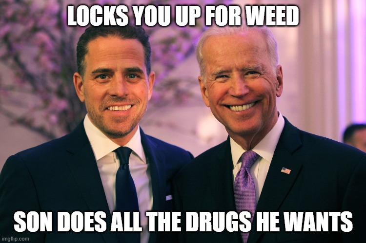 nobody is above the law | LOCKS YOU UP FOR WEED; SON DOES ALL THE DRUGS HE WANTS | image tagged in joe and hunter biden | made w/ Imgflip meme maker