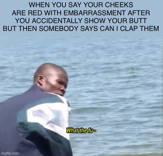 What the fu- | WHEN YOU SAY YOUR CHEEKS ARE RED WITH EMBARRASSMENT AFTER YOU ACCIDENTALLY SHOW YOUR BUTT BUT THEN SOMEBODY SAYS CAN I CLAP THEM | image tagged in what the fu-,nsfw,not safe for work,bad memes,horrible,kill me | made w/ Imgflip meme maker