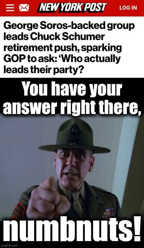 Is there really any doubt?! | You have your
answer right there, numbnuts! | image tagged in memes,sergeant hartmann,george soros,democrats,chuck schumer,retirement | made w/ Imgflip meme maker