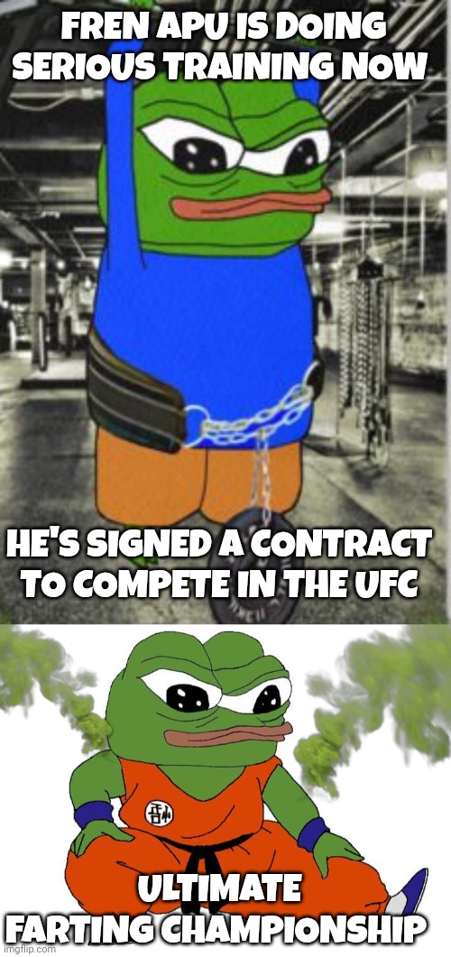 ufc memes | FREN APU IS DOING SERIOUS TRAINING NOW; HE'S SIGNED A CONTRACT TO COMPETE IN THE UFC; ULTIMATE FARTING CHAMPIONSHIP | image tagged in apu | made w/ Imgflip meme maker