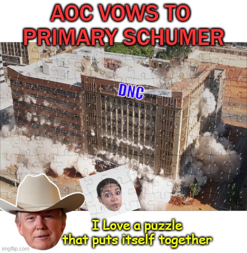 Submitted for your Approval : "THE LAST PIECE OF THE PUZZLE" | AOC VOWS TO 
PRIMARY SCHUMER; DNC; I Love a puzzle that puts itself together | image tagged in aoc primaries schumer puzzle meme | made w/ Imgflip meme maker