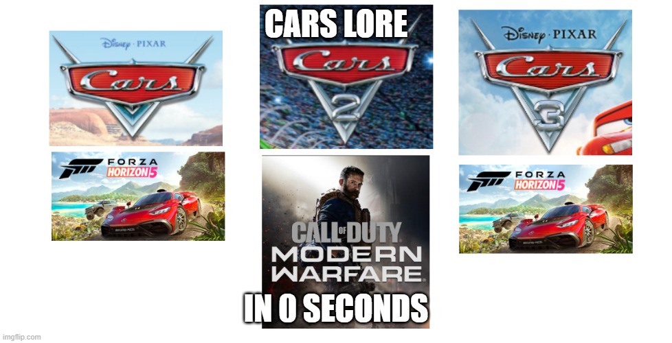 Cars Lore | CARS LORE; IN 0 SECONDS | image tagged in memes | made w/ Imgflip meme maker