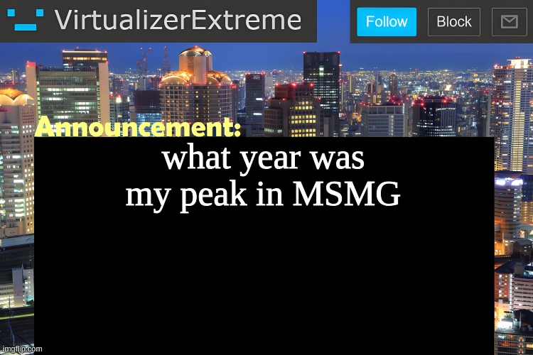 for me personally 2023 (virtualizer note: did I kill the chat? lmao) | what year was my peak in MSMG | image tagged in virtualizer announcement temp remastered | made w/ Imgflip meme maker
