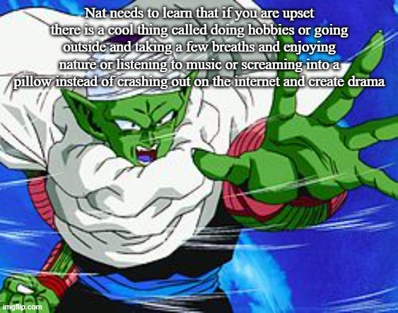 Piccolo | Nat needs to learn that if you are upset there is a cool thing called doing hobbies or going outside and taking a few breaths and enjoying nature or listening to music or screaming into a pillow instead of crashing out on the internet and create drama | image tagged in piccolo | made w/ Imgflip meme maker