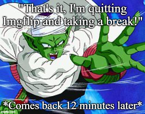 Piccolo | "That's it, I'm quitting Imgflip and taking a break!"; *Comes back 12 minutes later* | image tagged in piccolo | made w/ Imgflip meme maker
