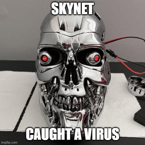 Skynet Caught a Virus | SKYNET; CAUGHT A VIRUS | image tagged in funny,terminator,the terminator,terminator robot t-800,robot,t-800 | made w/ Imgflip meme maker