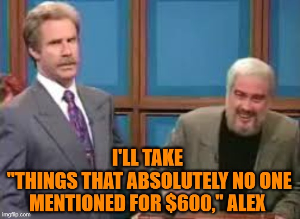 I'LL TAKE
 "THINGS THAT ABSOLUTELY NO ONE MENTIONED FOR $600," ALEX | image tagged in jeopordy | made w/ Imgflip meme maker