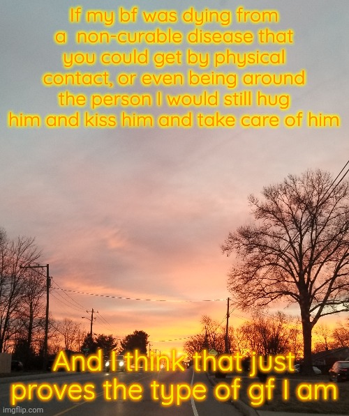 . | If my bf was dying from a  non-curable disease that you could get by physical contact, or even being around the person I would still hug him and kiss him and take care of him; And I think that just proves the type of gf I am | made w/ Imgflip meme maker