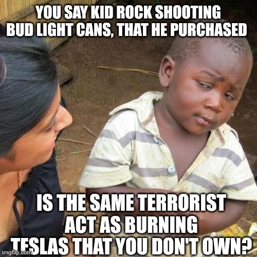 am I missing some context here? | YOU SAY KID ROCK SHOOTING BUD LIGHT CANS, THAT HE PURCHASED; IS THE SAME TERRORIST ACT AS BURNING TESLAS THAT YOU DON'T OWN? | image tagged in memes,third world skeptical kid | made w/ Imgflip meme maker