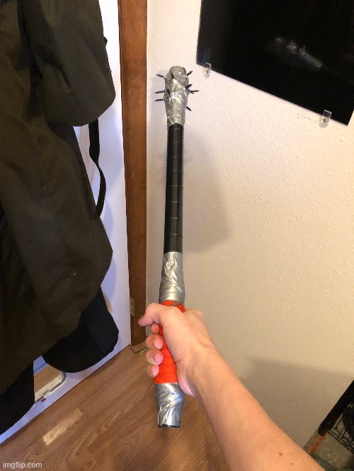This is my “screw you” bat. I made it with a cut up old shirt, a section of shelving pipe, duct tape, and 12 wood screws. | image tagged in screw you,bat | made w/ Imgflip meme maker