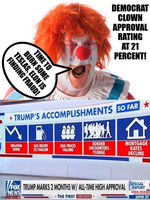 Democrat Clown! | DEMOCRAT CLOWN APPROVAL RATING AT 21 PERCENT! TIME TO BURN SOME TESLAS, ELON IS FINDING FRAUD! | image tagged in clown world,insane clown posse,sam elliott special kind of stupid | made w/ Imgflip meme maker