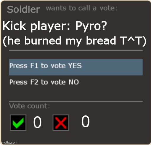 What do you say? | Soldier; Kick player: Pyro? (he burned my bread T^T); 0; 0 | image tagged in tf2 vote template | made w/ Imgflip meme maker