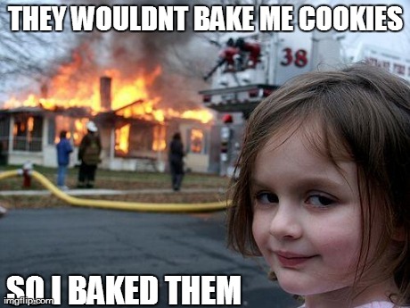 Disaster Girl | THEY WOULDNT BAKE ME COOKIES SO I BAKED THEM | image tagged in memes,disaster girl | made w/ Imgflip meme maker