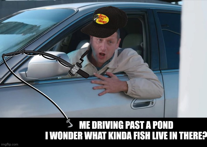 Here fishy fishy | ME DRIVING PAST A POND
I WONDER WHAT KINDA FISH LIVE IN THERE? | image tagged in 55 tacos 55 burgers drive thru,fishing | made w/ Imgflip meme maker