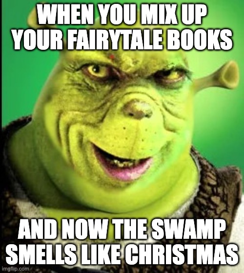 ai lol | WHEN YOU MIX UP YOUR FAIRYTALE BOOKS; AND NOW THE SWAMP SMELLS LIKE CHRISTMAS | image tagged in the shrinch,memes,wtf,shrek,grinch,oh wow are you actually reading these tags | made w/ Imgflip meme maker