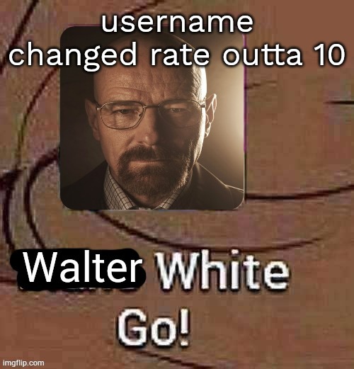 Walter White Go! | username changed rate outta 10 | image tagged in walter white go | made w/ Imgflip meme maker