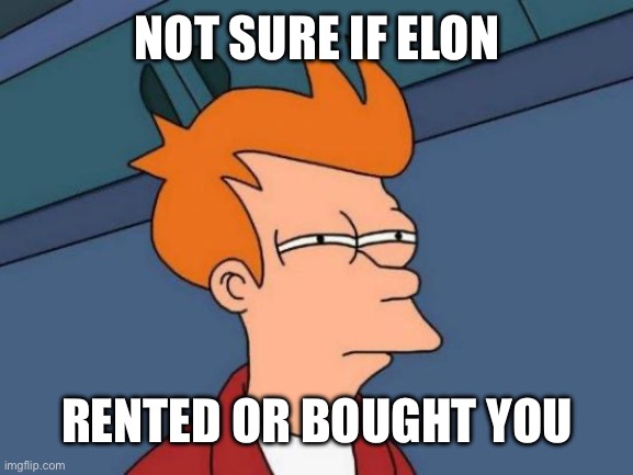 Futurama Fry Meme | NOT SURE IF ELON; RENTED OR BOUGHT YOU | image tagged in memes,futurama fry | made w/ Imgflip meme maker