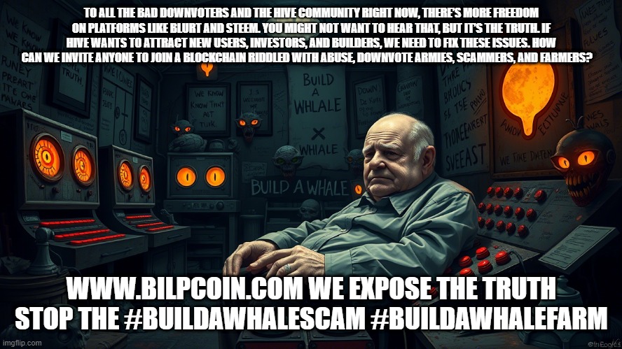 TO ALL THE BAD DOWNVOTERS AND THE HIVE COMMUNITY RIGHT NOW, THERE’S MORE FREEDOM ON PLATFORMS LIKE BLURT AND STEEM. YOU MIGHT NOT WANT TO HEAR THAT, BUT IT’S THE TRUTH. IF HIVE WANTS TO ATTRACT NEW USERS, INVESTORS, AND BUILDERS, WE NEED TO FIX THESE ISSUES. HOW CAN WE INVITE ANYONE TO JOIN A BLOCKCHAIN RIDDLED WITH ABUSE, DOWNVOTE ARMIES, SCAMMERS, AND FARMERS? WWW.BILPCOIN.COM WE EXPOSE THE TRUTH STOP THE #BUILDAWHALESCAM #BUILDAWHALEFARM | made w/ Imgflip meme maker