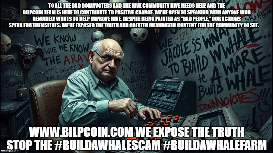 TO ALL THE BAD DOWNVOTERS AND THE HIVE COMMUNITY HIVE NEEDS HELP, AND THE BILPCOIN TEAM IS HERE TO CONTRIBUTE TO POSITIVE CHANGE. WE’RE OPEN TO SPEAKING WITH ANYONE WHO GENUINELY WANTS TO HELP IMPROVE HIVE. DESPITE BEING PAINTED AS “BAD PEOPLE,” OUR ACTIONS SPEAK FOR THEMSELVES: WE’VE EXPOSED THE TRUTH AND CREATED MEANINGFUL CONTENT FOR THE COMMUNITY TO SEE. WWW.BILPCOIN.COM WE EXPOSE THE TRUTH STOP THE #BUILDAWHALESCAM #BUILDAWHALEFARM | made w/ Imgflip meme maker