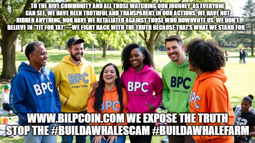 TO THE HIVE COMMUNITY AND ALL THOSE WATCHING OUR JOURNEY  AS EVERYONE CAN SEE, WE HAVE BEEN TRUTHFUL AND TRANSPARENT IN OUR ACTIONS. WE HAVE NOT HIDDEN ANYTHING, NOR HAVE WE RETALIATED AGAINST THOSE WHO DOWNVOTE US. WE DON’T BELIEVE IN “TIT FOR TAT”—WE FIGHT BACK WITH THE TRUTH BECAUSE THAT’S WHAT WE STAND FOR. WWW.BILPCOIN.COM WE EXPOSE THE TRUTH STOP THE #BUILDAWHALESCAM #BUILDAWHALEFARM | made w/ Imgflip meme maker
