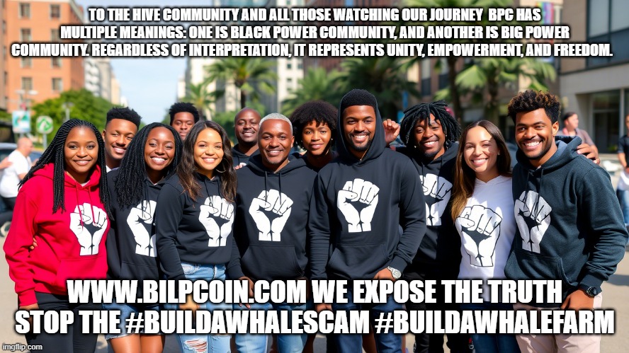 TO THE HIVE COMMUNITY AND ALL THOSE WATCHING OUR JOURNEY  BPC HAS MULTIPLE MEANINGS: ONE IS BLACK POWER COMMUNITY, AND ANOTHER IS BIG POWER COMMUNITY. REGARDLESS OF INTERPRETATION, IT REPRESENTS UNITY, EMPOWERMENT, AND FREEDOM. WWW.BILPCOIN.COM WE EXPOSE THE TRUTH STOP THE #BUILDAWHALESCAM #BUILDAWHALEFARM | made w/ Imgflip meme maker