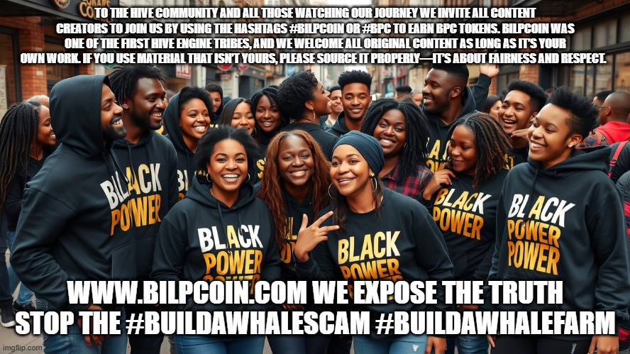 TO THE HIVE COMMUNITY AND ALL THOSE WATCHING OUR JOURNEY WE INVITE ALL CONTENT CREATORS TO JOIN US BY USING THE HASHTAGS #BILPCOIN OR #BPC TO EARN BPC TOKENS. BILPCOIN WAS ONE OF THE FIRST HIVE ENGINE TRIBES, AND WE WELCOME ALL ORIGINAL CONTENT AS LONG AS IT’S YOUR OWN WORK. IF YOU USE MATERIAL THAT ISN’T YOURS, PLEASE SOURCE IT PROPERLY—IT’S ABOUT FAIRNESS AND RESPECT. WWW.BILPCOIN.COM WE EXPOSE THE TRUTH STOP THE #BUILDAWHALESCAM #BUILDAWHALEFARM | made w/ Imgflip meme maker