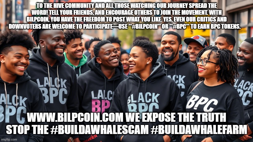 TO THE HIVE COMMUNITY AND ALL THOSE WATCHING OUR JOURNEY SPREAD THE WORD! TELL YOUR FRIENDS, AND ENCOURAGE OTHERS TO JOIN THE MOVEMENT. WITH BILPCOIN, YOU HAVE THE FREEDOM TO POST WHAT YOU LIKE. YES, EVEN OUR CRITICS AND DOWNVOTERS ARE WELCOME TO PARTICIPATE—USE **#BILPCOIN** OR **#BPC** TO EARN BPC TOKENS. WWW.BILPCOIN.COM WE EXPOSE THE TRUTH STOP THE #BUILDAWHALESCAM #BUILDAWHALEFARM | made w/ Imgflip meme maker