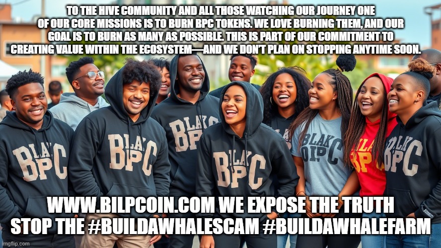 TO THE HIVE COMMUNITY AND ALL THOSE WATCHING OUR JOURNEY ONE OF OUR CORE MISSIONS IS TO BURN BPC TOKENS. WE LOVE BURNING THEM, AND OUR GOAL IS TO BURN AS MANY AS POSSIBLE. THIS IS PART OF OUR COMMITMENT TO CREATING VALUE WITHIN THE ECOSYSTEM—AND WE DON’T PLAN ON STOPPING ANYTIME SOON. WWW.BILPCOIN.COM WE EXPOSE THE TRUTH STOP THE #BUILDAWHALESCAM #BUILDAWHALEFARM | made w/ Imgflip meme maker
