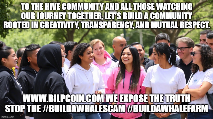 TO THE HIVE COMMUNITY AND ALL THOSE WATCHING OUR JOURNEY TOGETHER, LET’S BUILD A COMMUNITY ROOTED IN CREATIVITY, TRANSPARENCY, AND MUTUAL RESPECT. WWW.BILPCOIN.COM WE EXPOSE THE TRUTH STOP THE #BUILDAWHALESCAM #BUILDAWHALEFARM | made w/ Imgflip meme maker