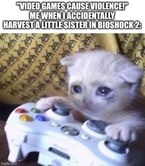 Crying cat xbox | "VIDEO GAMES CAUSE VIOLENCE!"
ME WHEN I ACCIDENTALLY HARVEST A LITTLE SISTER IN BIOSHOCK 2: | image tagged in crying cat xbox | made w/ Imgflip meme maker