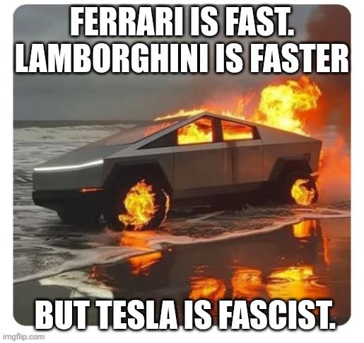 fascist | FERRARI IS FAST. LAMBORGHINI IS FASTER; BUT TESLA IS FASCIST. | image tagged in cyberturd fire,fascist | made w/ Imgflip meme maker