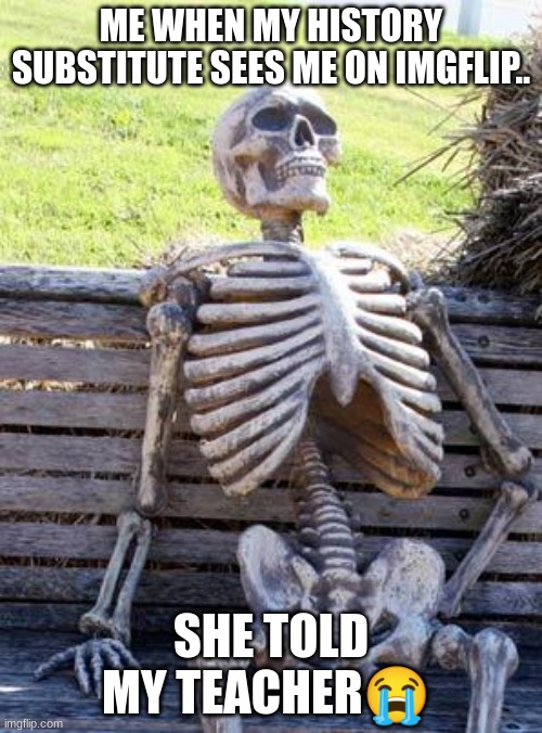 Waiting Skeleton Meme | ME WHEN MY HISTORY SUBSTITUTE SEES ME ON IMGFLIP.. SHE TOLD MY TEACHER😭 | image tagged in memes,waiting skeleton | made w/ Imgflip meme maker