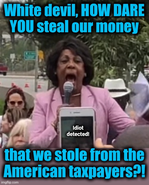 Maxine Waters | White devil, HOW DARE
YOU steal our money; Idiot
detected! that we stole from the
American taxpayers?! | image tagged in maxine waters,memes,democrats,doge,trump derangement syndrome,corruption | made w/ Imgflip meme maker