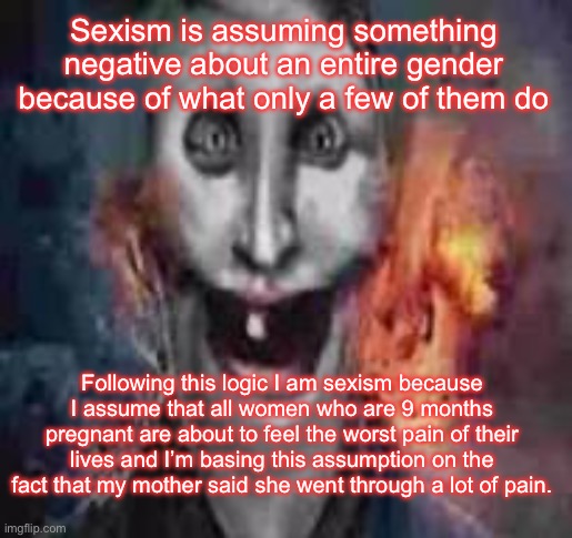 jonkler dumb | Sexism is assuming something negative about an entire gender because of what only a few of them do; Following this logic I am sexism because I assume that all women who are 9 months pregnant are about to feel the worst pain of their lives and I’m basing this assumption on the fact that my mother said she went through a lot of pain. | image tagged in jonkler dumb | made w/ Imgflip meme maker