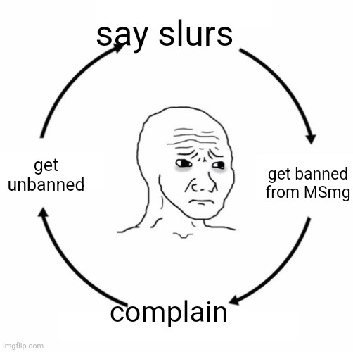 Sad wojak cycle | say slurs get banned from MSmg complain get unbanned | image tagged in sad wojak cycle | made w/ Imgflip meme maker